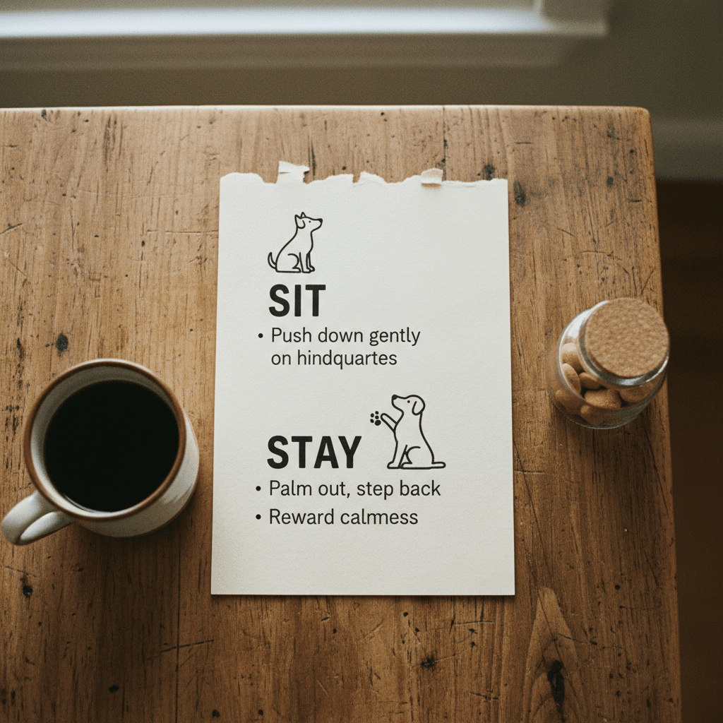 Printable cheat sheet for puppy training commands on a kitchen table