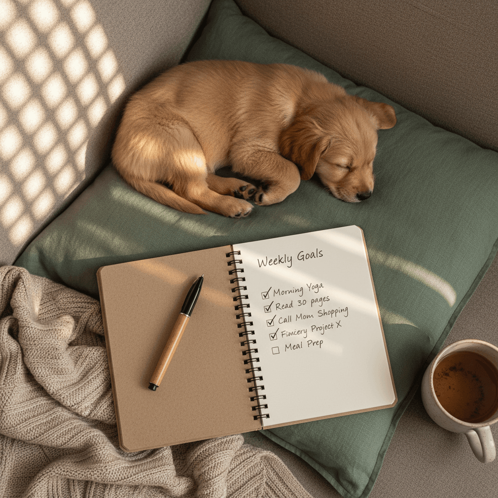 Open notebook with a puppy training progress checklist and a sleeping puppy nearby