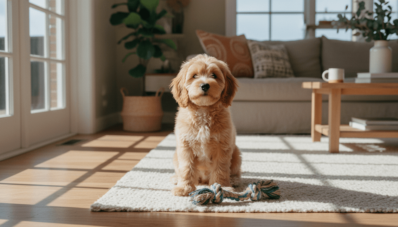 A young puppy sitting on a rug in a sunlit living room, looking up gently