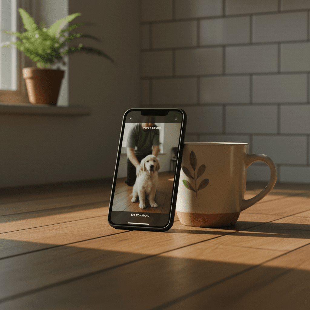 Smartphone propped up on a kitchen table playing a puppy training video
